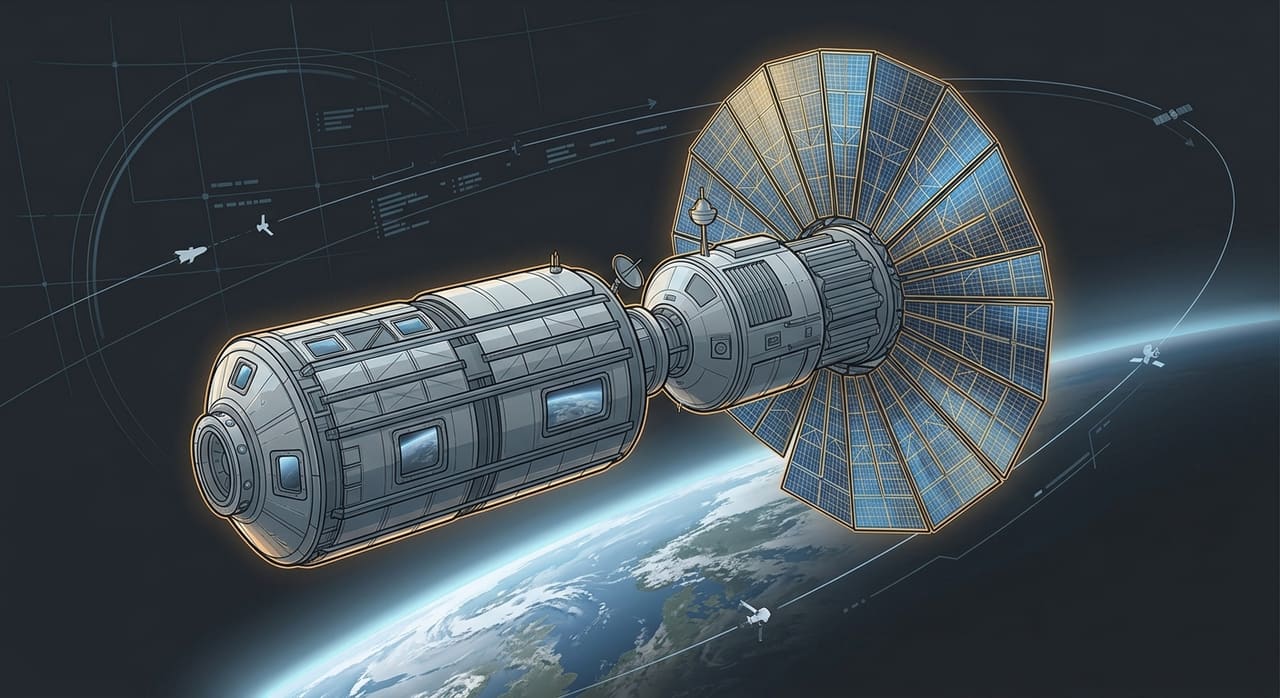Original editorial illustration of the published Axiom Station free-flyer plan: a power module with solar arrays docked to a windowed habitat. Not official company artwork. Planned design, not yet flown.
