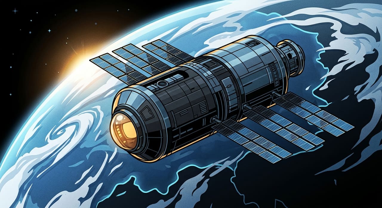 Original editorial illustration of the published Haven-1 design: a single metallic module about 4.4 m across with a dome window and deployable solar wings. Not official company artwork. Planned design, not yet flown.