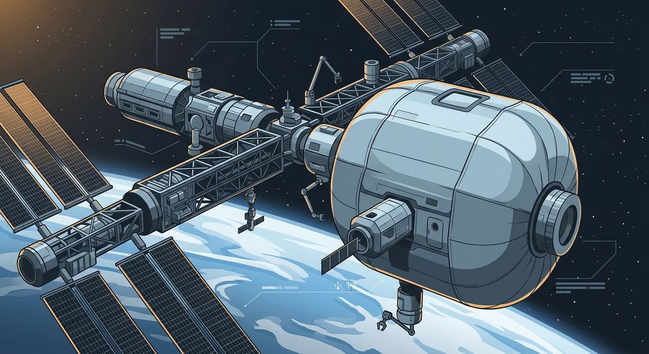 Original editorial illustration of the published Orbital Reef concept: a rigid service core with an expanded fabric LIFE habitat. Not official company artwork. Planned design, not yet flown.