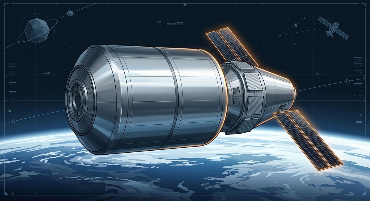 Original editorial illustration of the published Starlab design: a large metallic habitat about 8 metres across with a tapered service cone. Not official company artwork. Planned design, not yet flown.